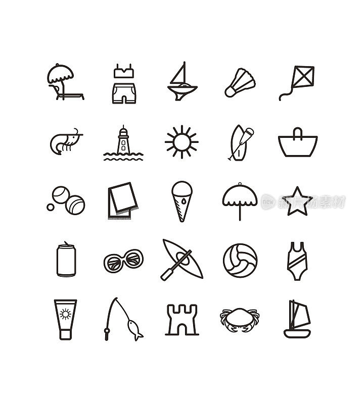 collection of beach symbols, holidays, tourism, travel, sun
